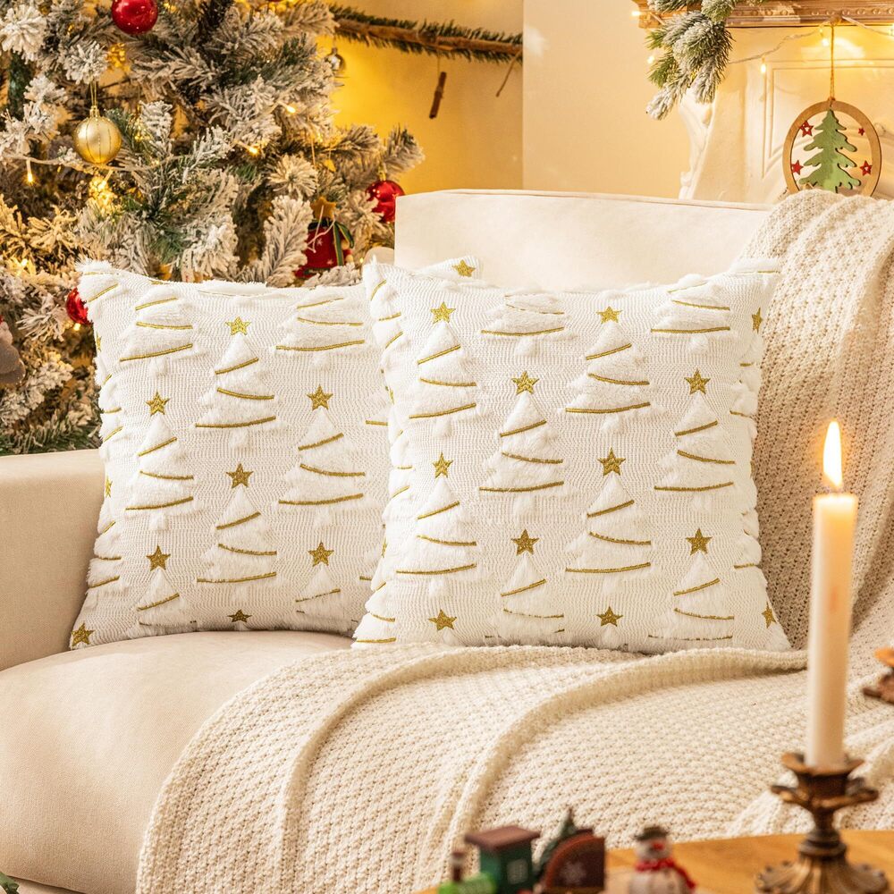 2034 Christmas Tree Decorative White Throw Pillow Covers 24x24 Set of 2